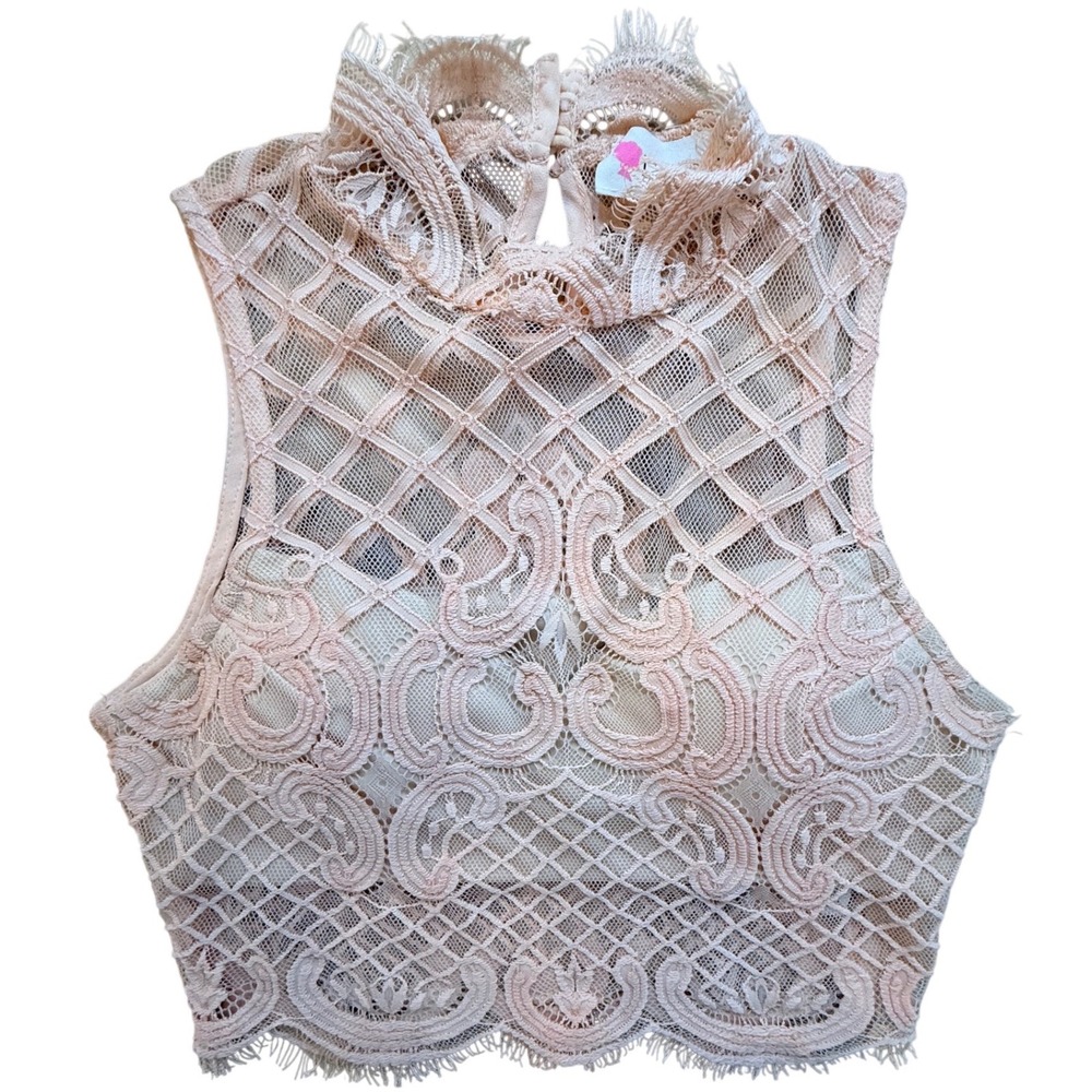 L'Atiste Peach Lace Crop Top Mock Neck Sleeveless Sm 90s Y2K Fairy Wedding